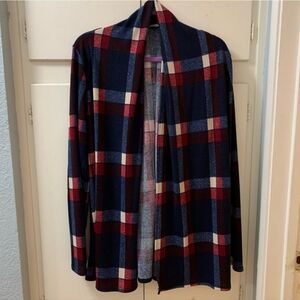Plaid cardigan with brown elbow patches